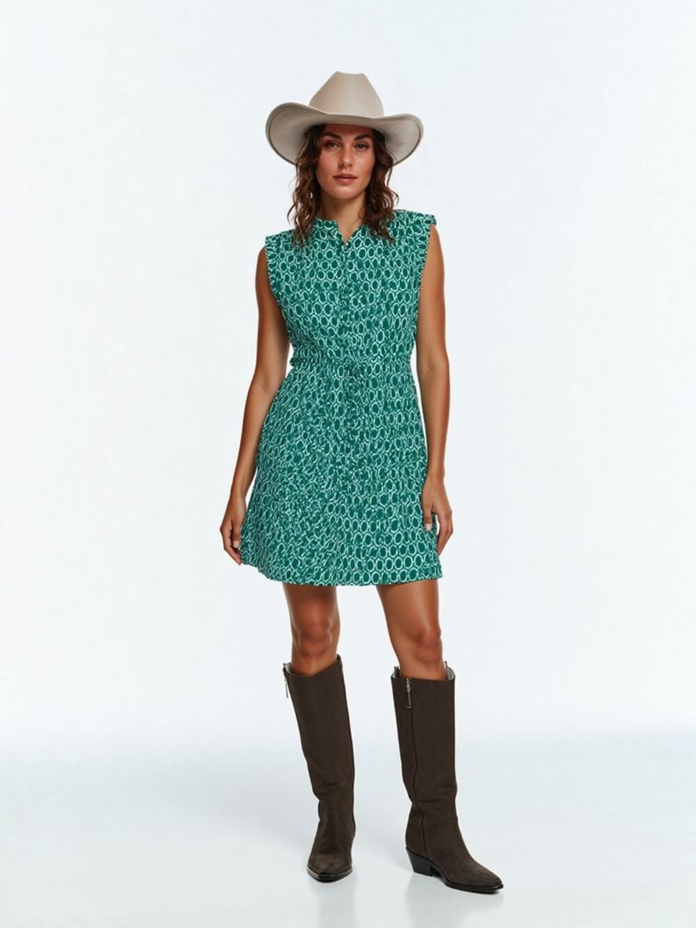 LOFT Quirky Retro Style Green Geometric Tie-Waist Dress